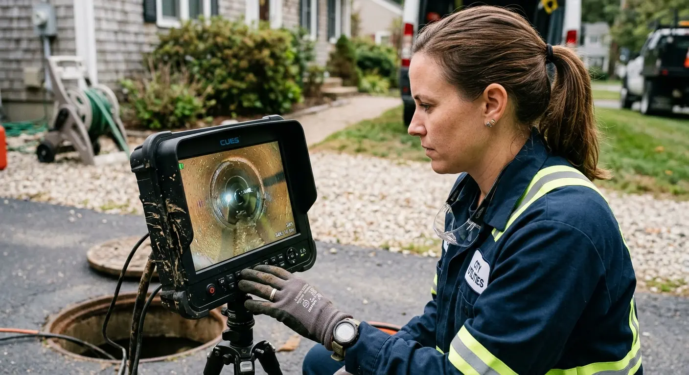 Technician reviewing sewer camera inspection footage in Woonsocket