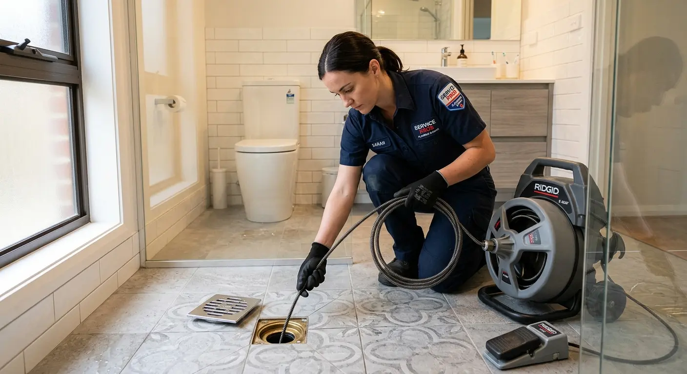Technician clearing a bathroom floor drain for Hydro Jetting in Woonsocket